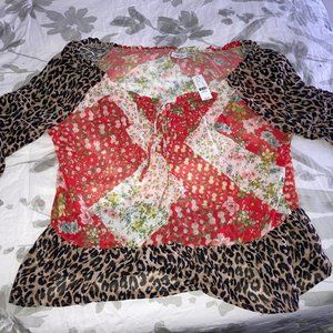 Leopard/Flower Mixed Print Off-Shoulder Blouse